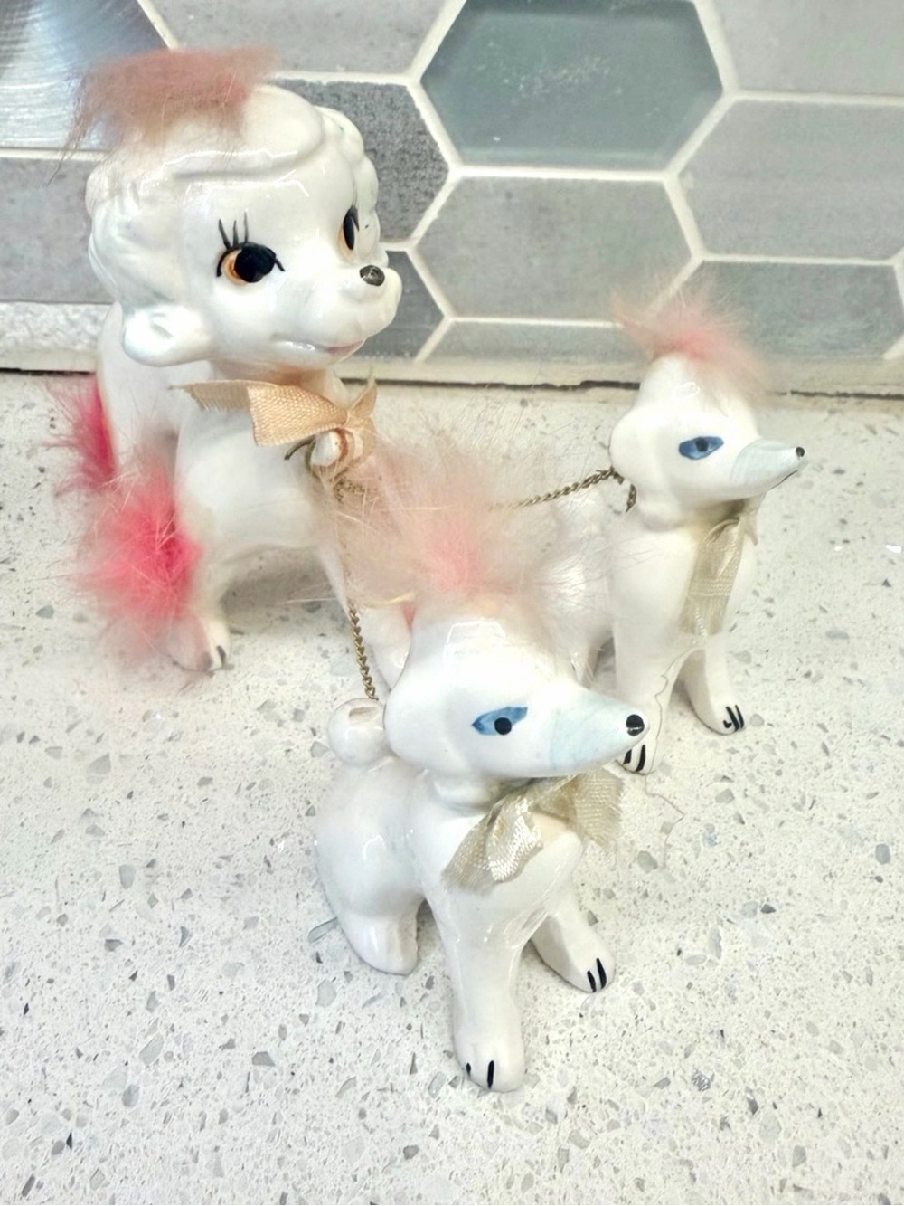 Vintage 1950s Poodle Trio with Pink Hair Fur. Rare Style. Antique!